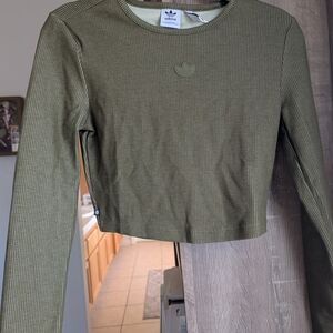 Adidas Khaki Ribbed Long Sleeve Crop Top